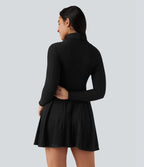 Robe mini évasée col montant à manches longues en maille côtelée