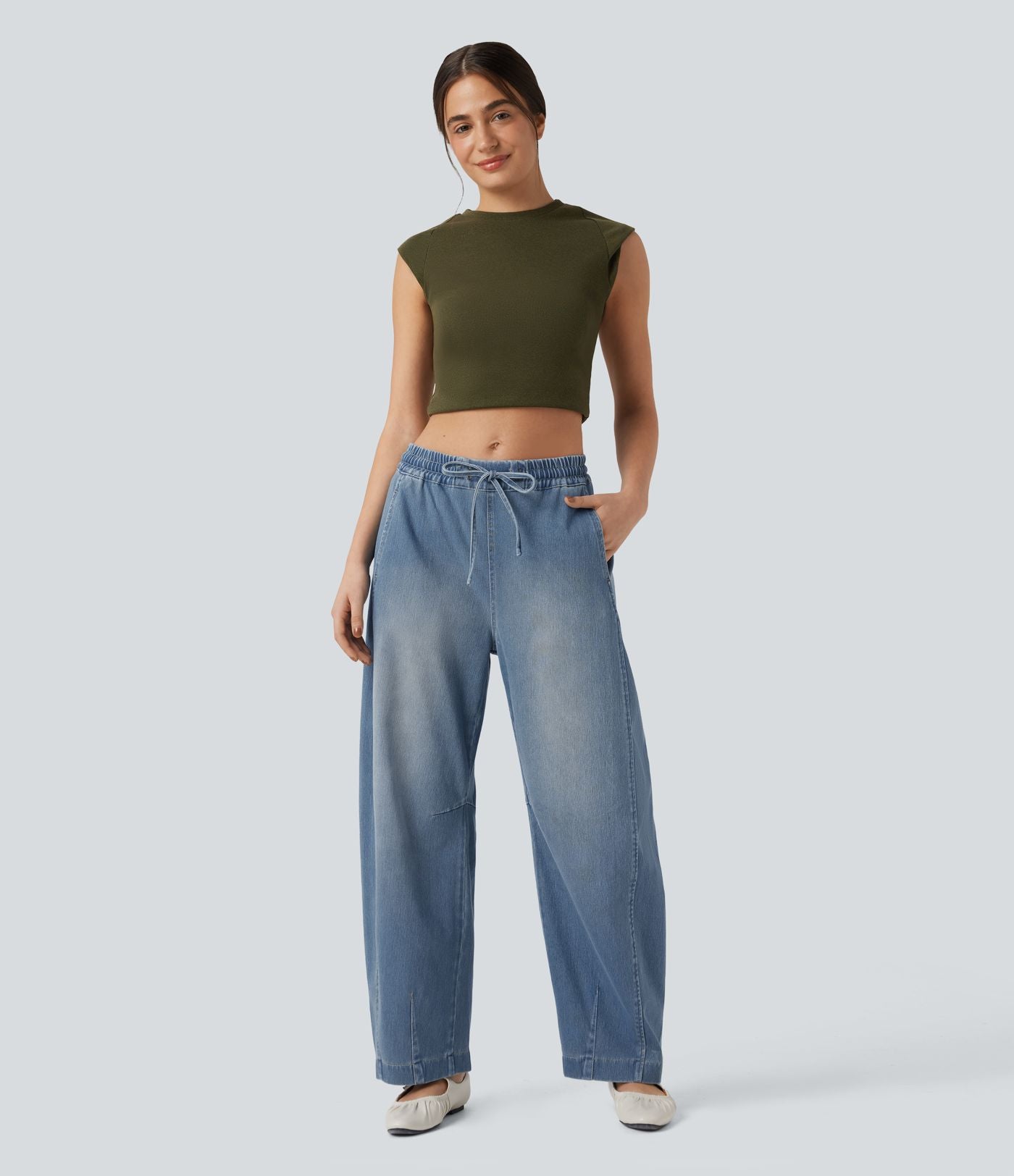Jean jogging barrel Halara Flex™ molleton français délavé jambe ballon taille mi-haute avec cordon de serrage et poches