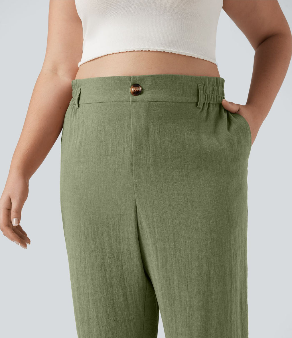 Pantalon de villégiature capri effet lin, grande taille, taille haute, avec poches