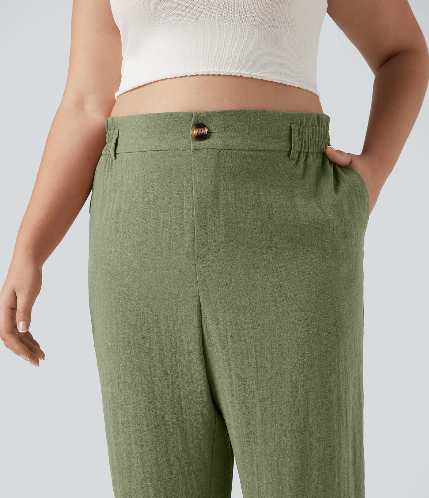 Pantalon de villégiature capri effet lin, grande taille, taille haute, avec poches