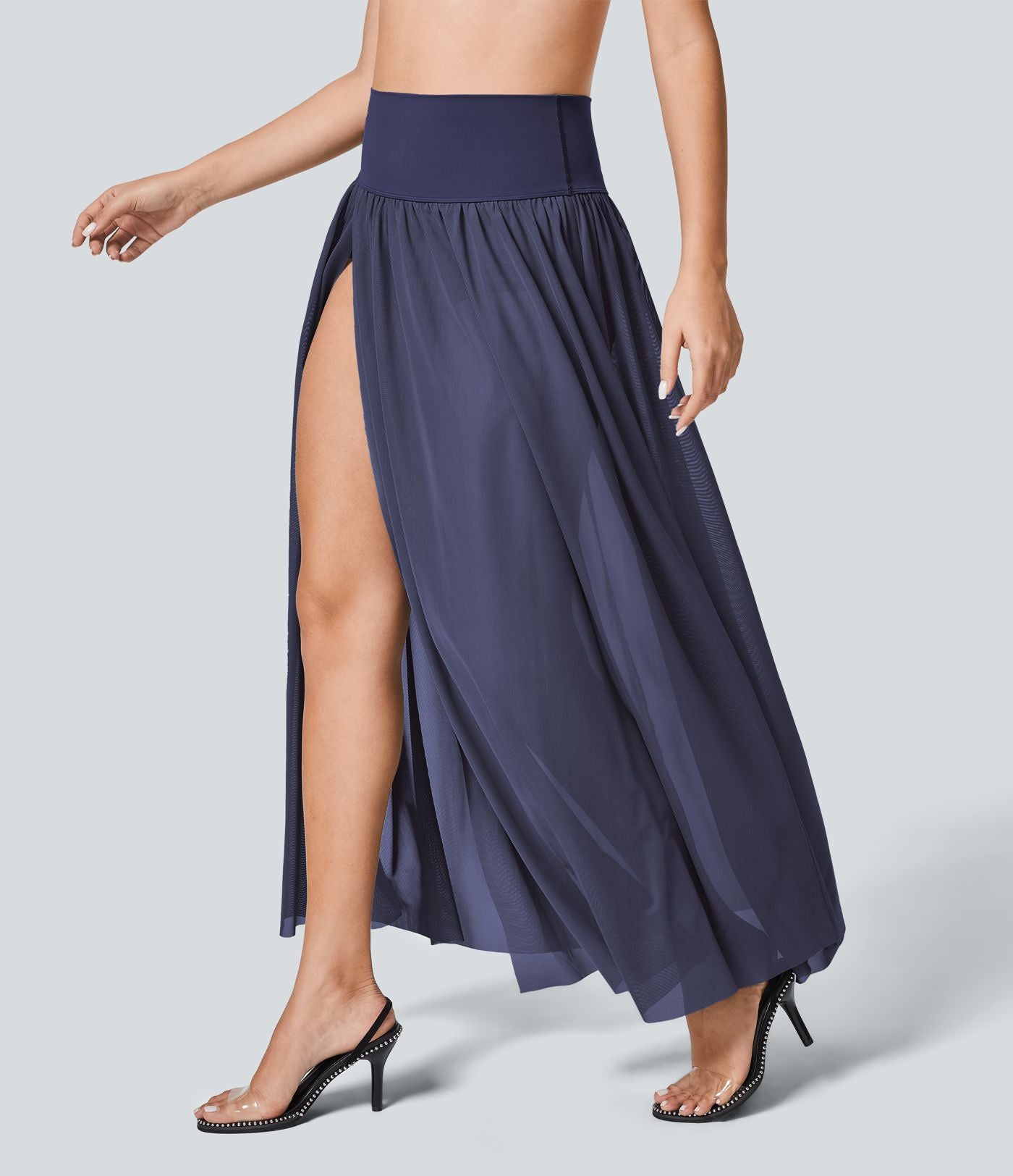 Jupe Casual Taille Haute Maxi Fluide Mesh Fente Plissée 2 en 1