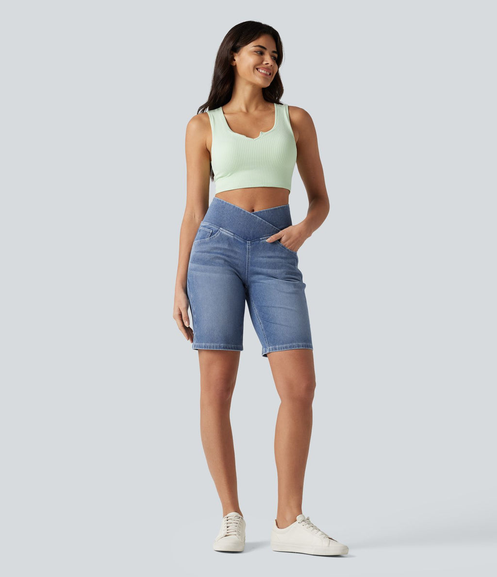 Short en jean Halara Flex™ casual gainant taille haute croisée avec poches