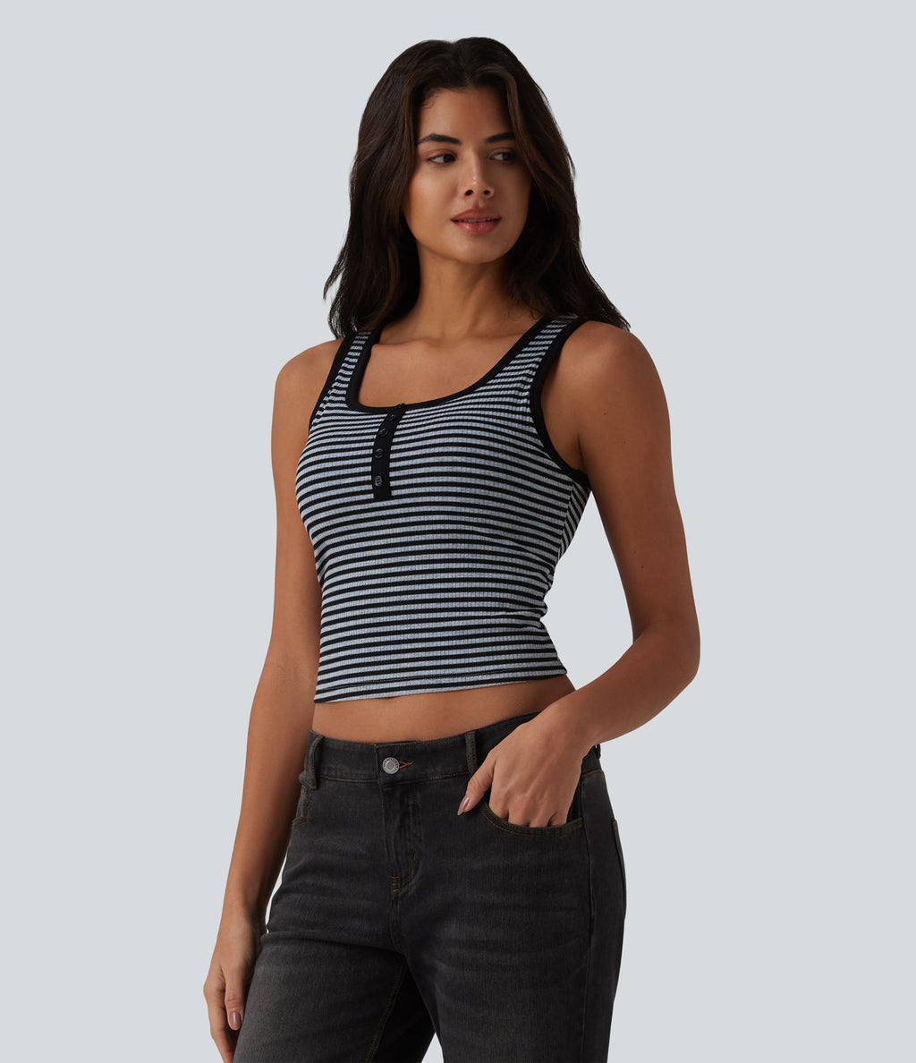 Débardeur casual côtelé à rayures col U avec soutien-gorge intégré