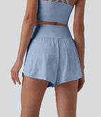 Short yoga 2-en-1 gainant taille haute à pois réfléchissants, ourlet arrondi croisé et œillets avec poches