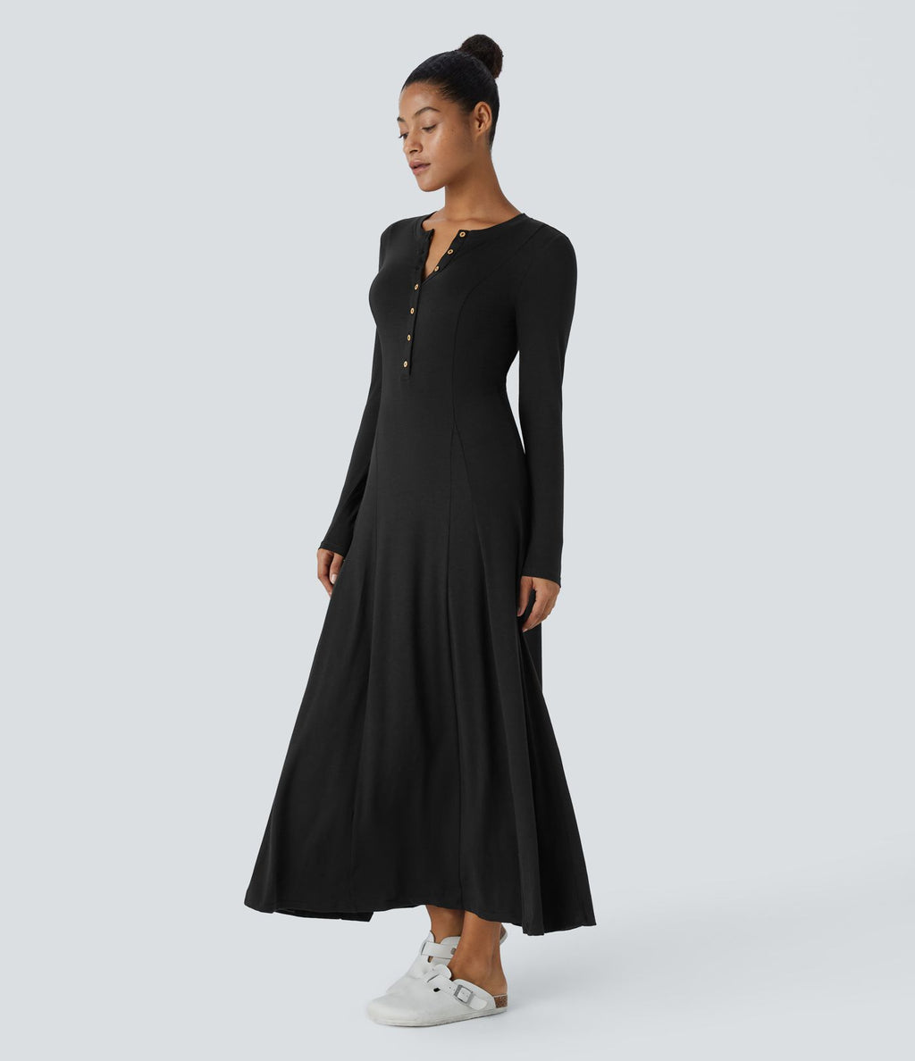Robe de Casual Maxi Manches Longues Évasées et Boutons au Col Rond