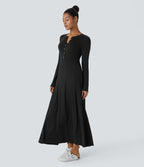 Robe de Casual Maxi Manches Longues Évasées et Boutons au Col Rond
