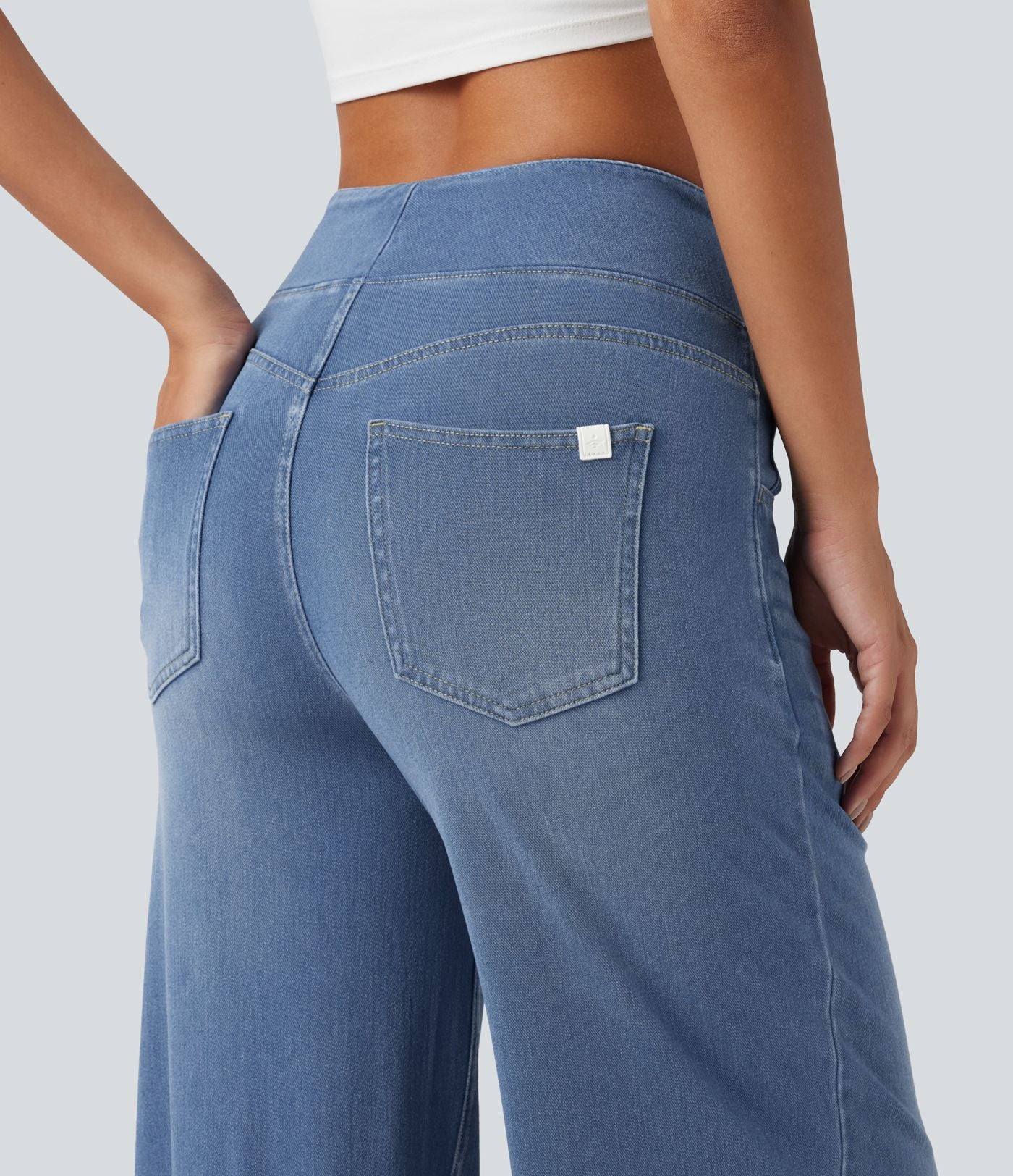 Halara Flex™ Jean large casual taille haute ventre plat, en lyocell drapé effet délavé, avec poches
