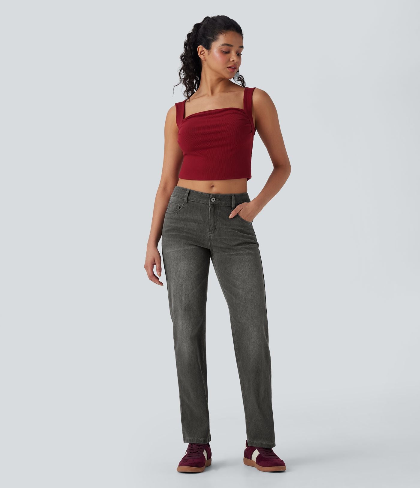 Jean décontracté Halara Flex™ taille basse à jambes droites avec bouton, fermeture éclair, multiples poches, effet délavé en maille extensible