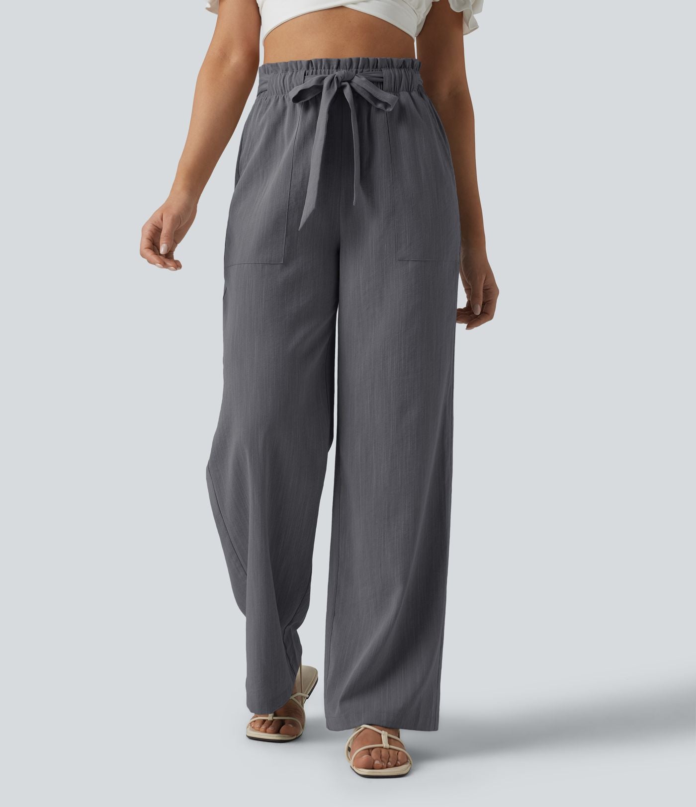 Pantalon décontracté effet lin taille haute, coupe droite, ceinturé avec finitions ondulées et poches