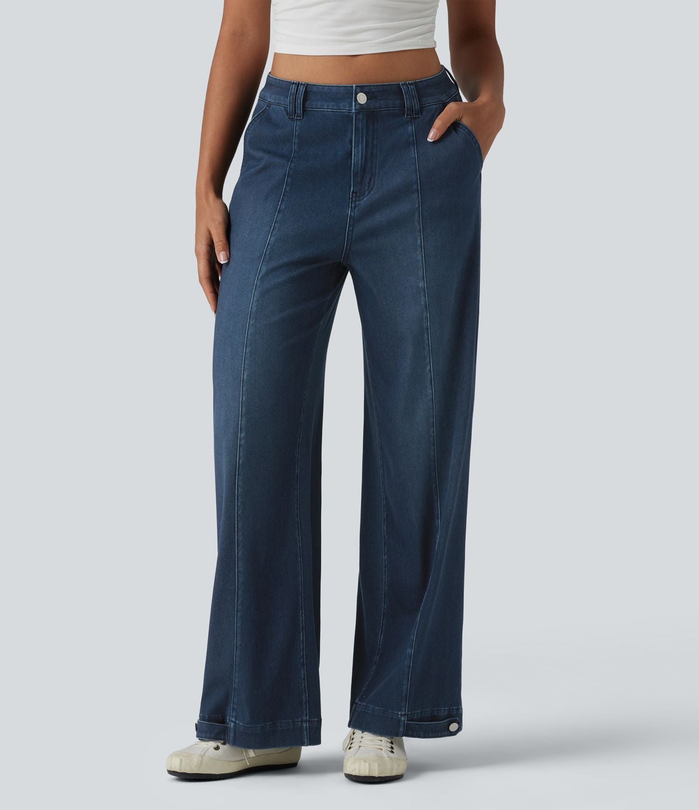 Halara Flex™ Jean large casual baggy taille mi-haute en lyocell drapé effet délavé, ourlet ajustable et poches