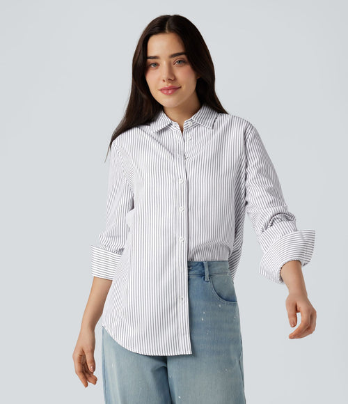 Chemise rayée col chemise ourlet arrondi manches longues coupe décontractée