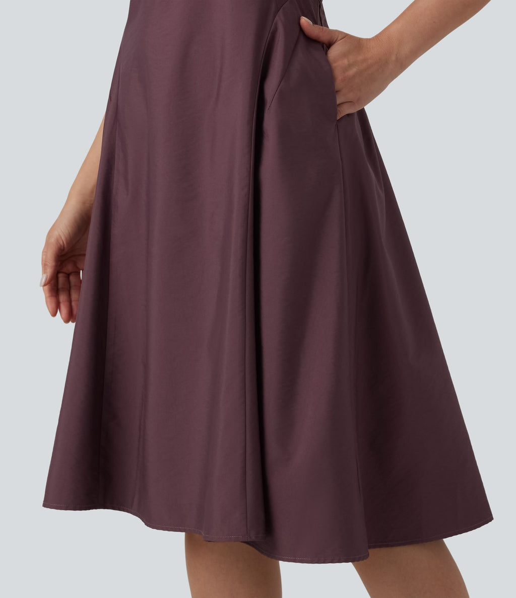 Robe mi-longue évasée de travail col cranté sans manches avec poches