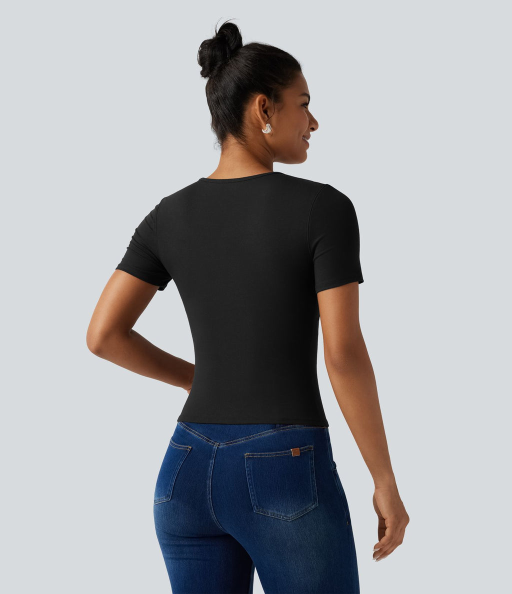 T-shirt en maille côtelée à col rond avec découpe et maintien intégré