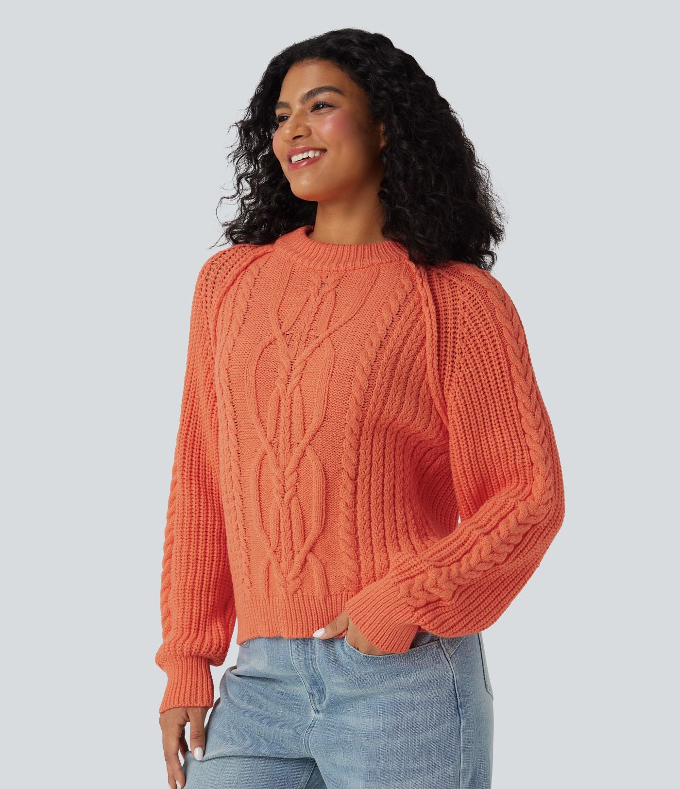 Pull décontracté maille torsadée col rond manches raglan longues coupe décontractée