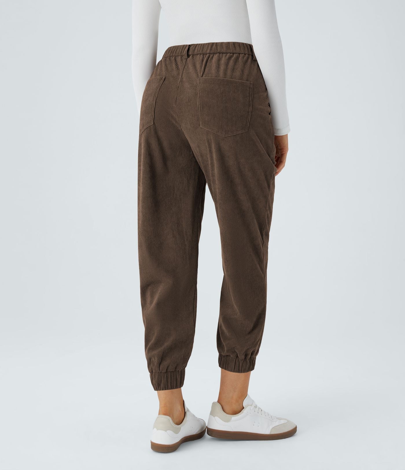 Pantalon décontracté en velours côtelé avec taille mi-haute, boutons et fermeture éclair