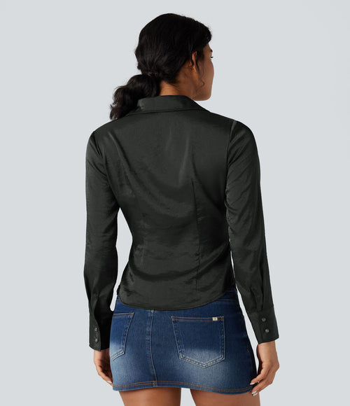 Chemise décontractée ajustée col V manches longues ourlet arrondi