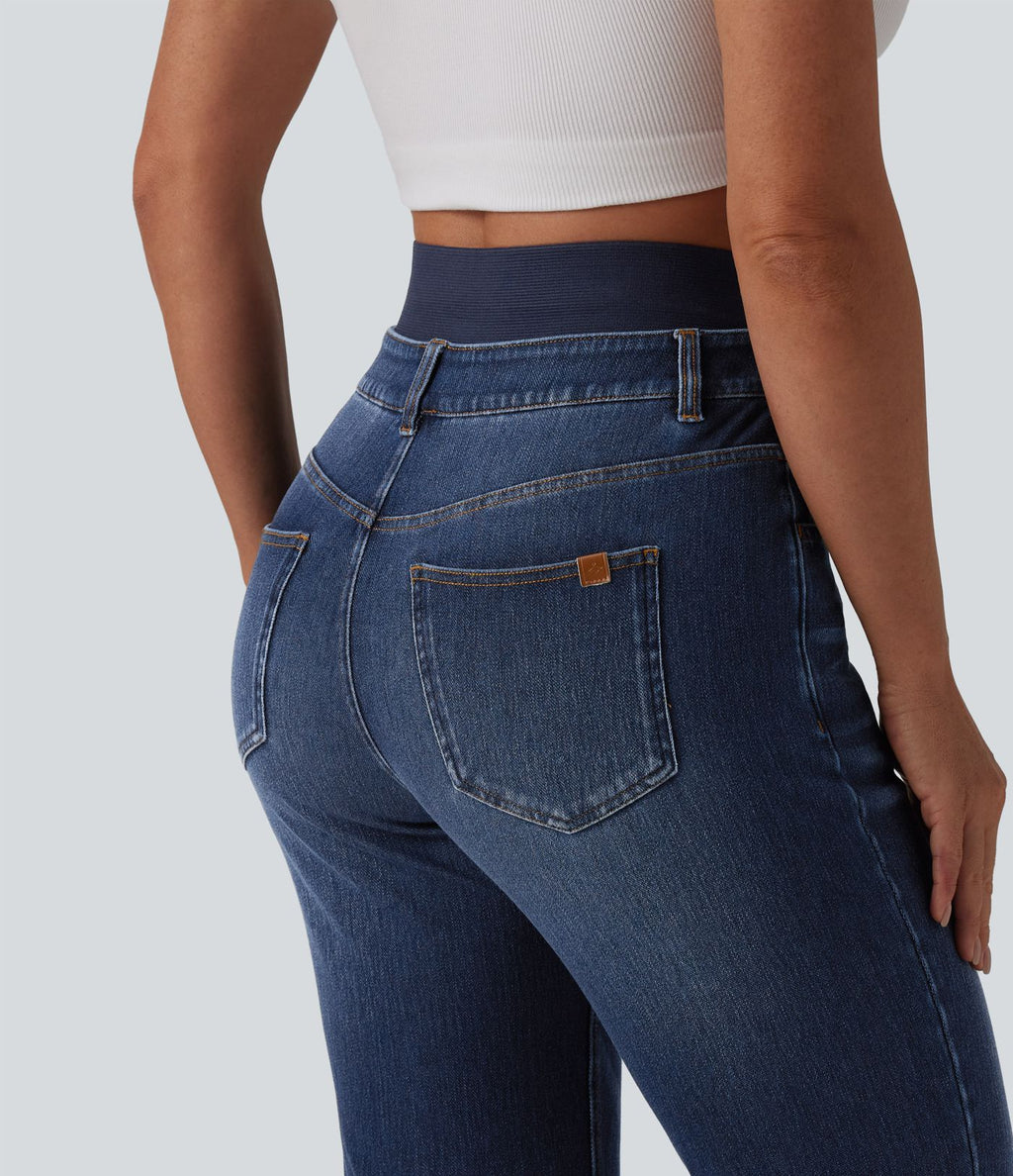 Jean ajusté décontracté Halara Flex™ double ceinture gainant taille haute avec poches