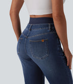 Jean ajusté décontracté Halara Flex™ double ceinture gainant taille haute avec poches
