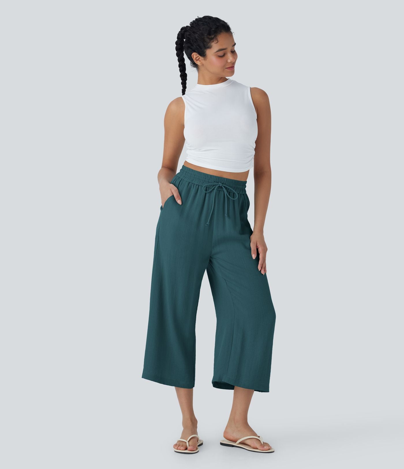 Pantalon décontracté aspect lin 7/8 à taille haute, jambe large avec cordon de serrage et poches latérales
