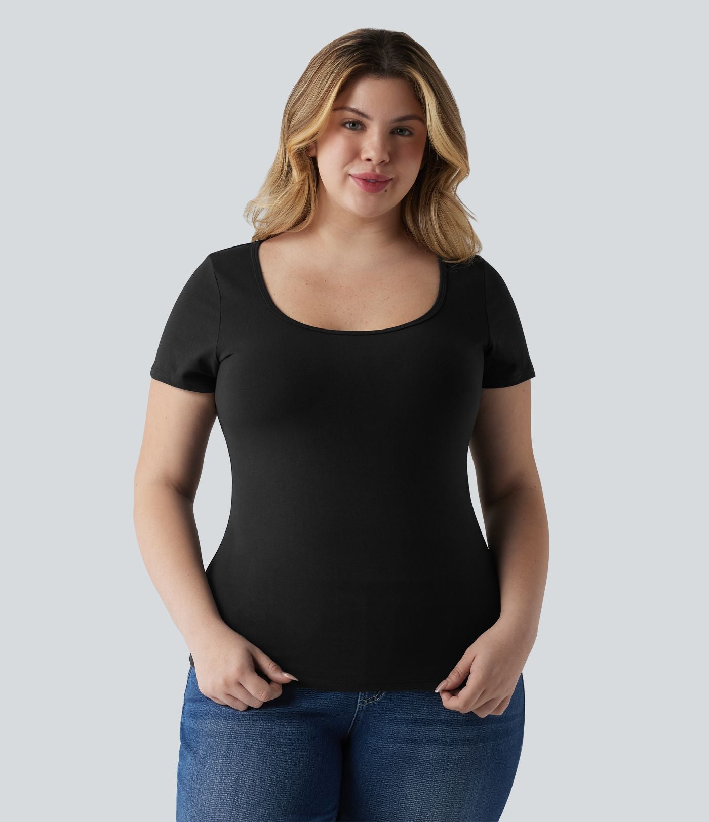 T-shirt Halara grande taille décontracté en jersey de coton coupe ultra-ajustée effet chiné, col carré, manches courtes