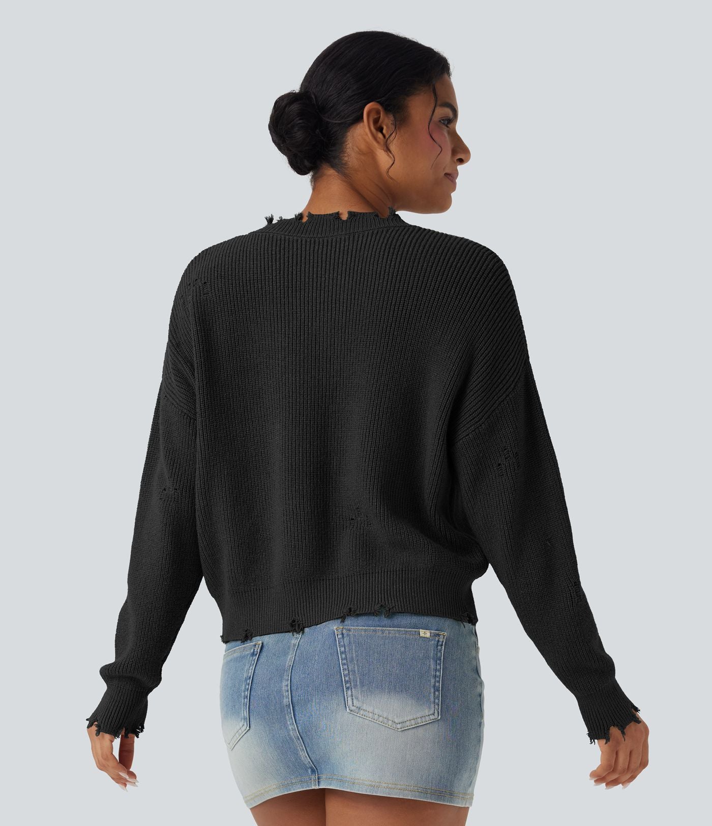 Pull casual col V délavé manches longues