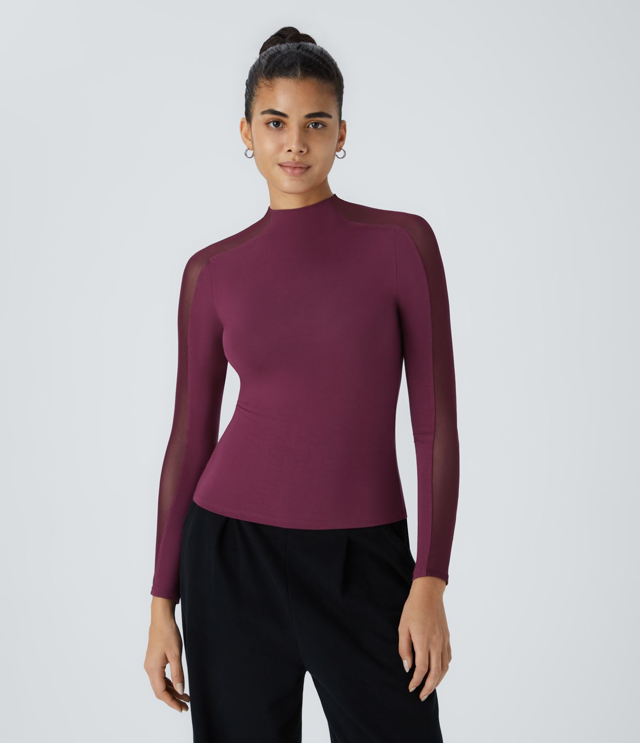 Top de Travail Skinny à Col Montant Manches Raglan Longues Mesh Contrastés