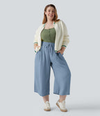 Pantalon grande taille large fluide taille haute avec cordon de serrage, poches et aspect lin