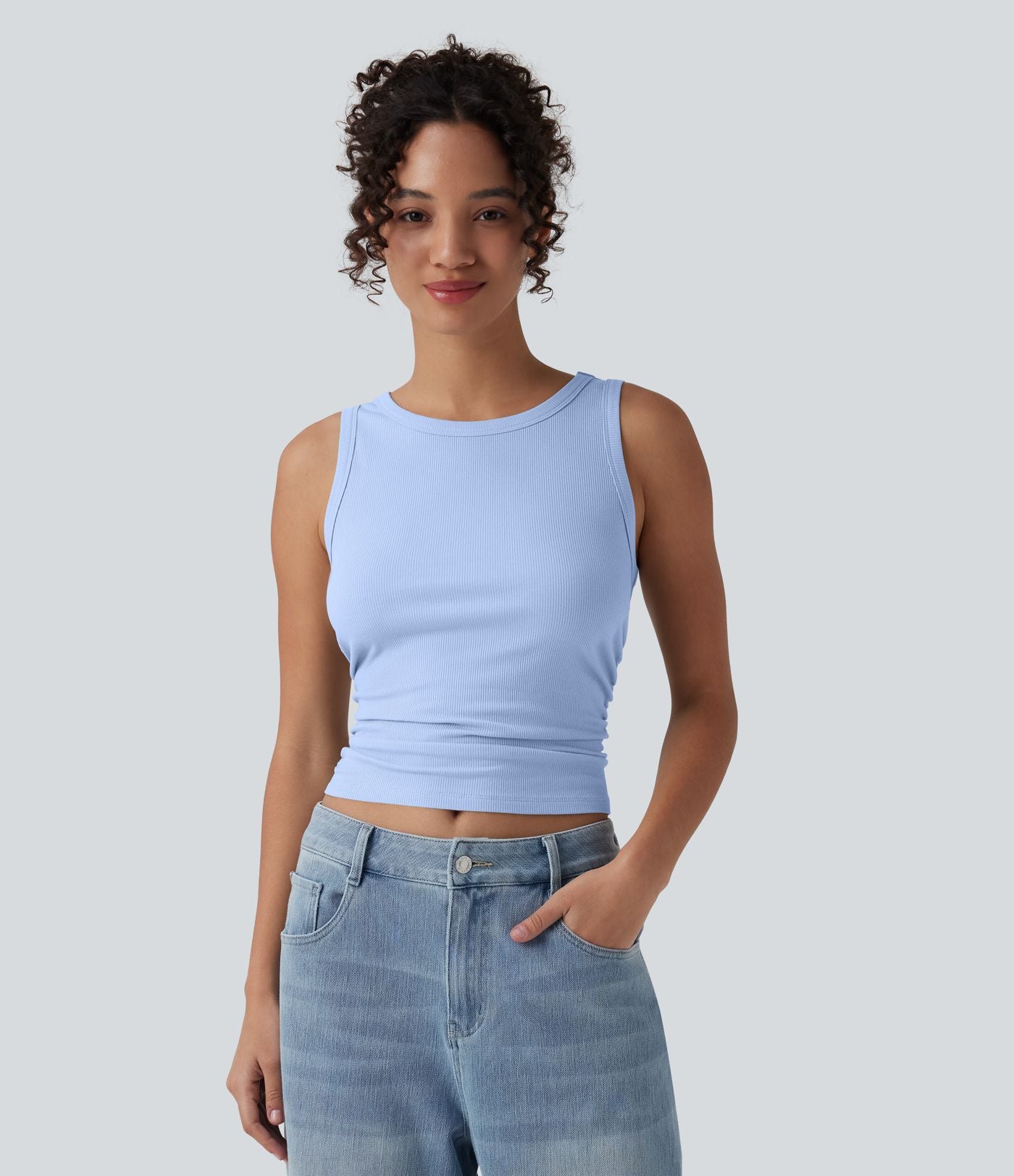 Débardeur casual côtelé maille col rond avec fronces