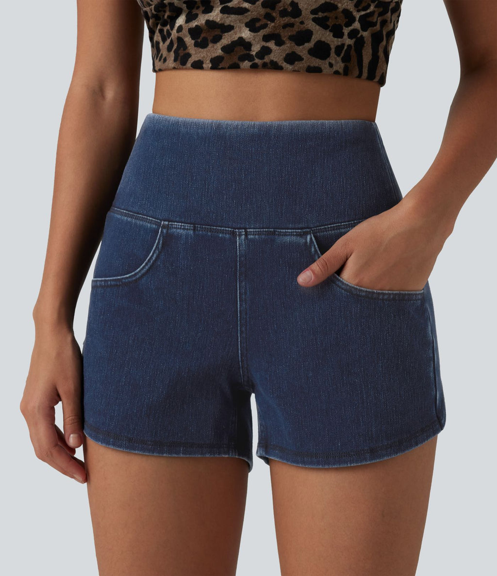 Halara Flex™ Short casual en jean skinny gainant taille haute à ourlet arrondi avec poches