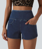 Halara Flex™ Short casual en jean skinny gainant taille haute à ourlet arrondi avec poches