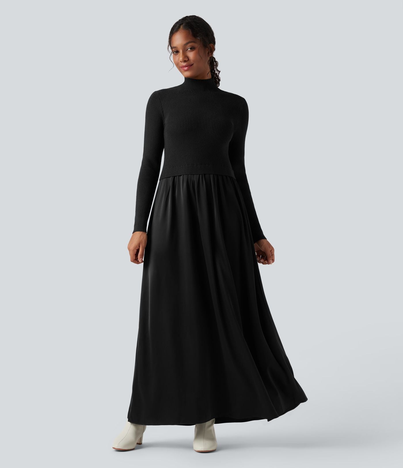 Robe pull longue tailleur col montant manches longues