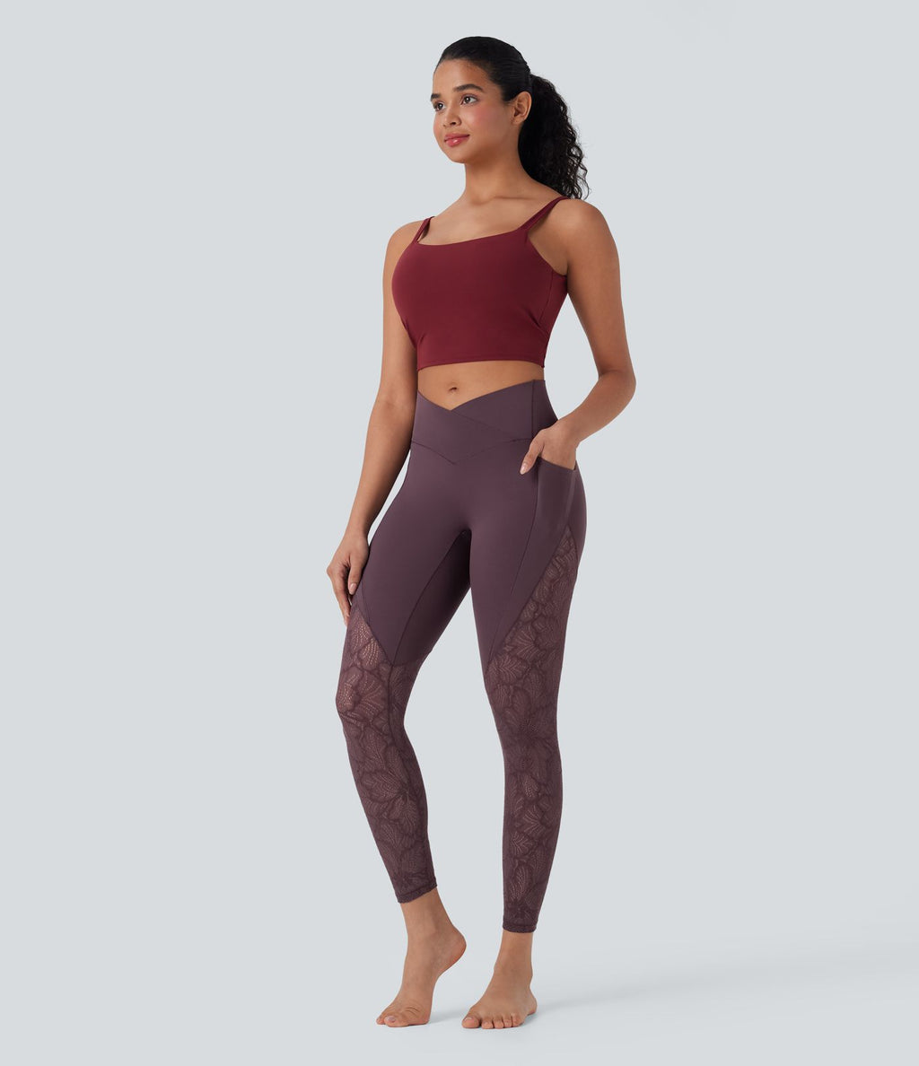 Legging de yoga 7/8 taille haute avec poches latérales, dos croisé et dentelle contrastante Softlyzero™-UPF50+