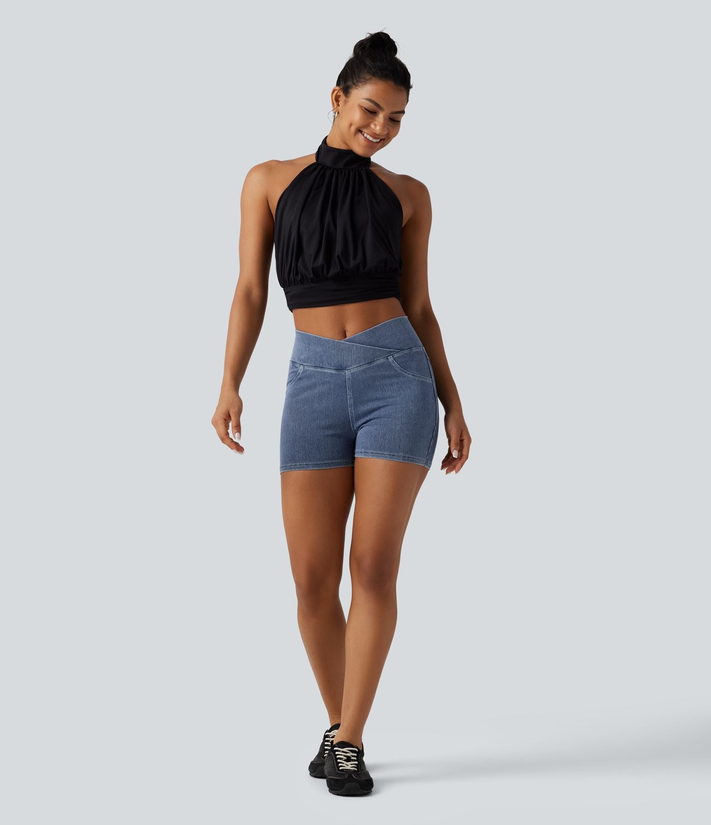 Halara Flex™  Shorts 7,5cm Denim Casual Taille Haute Poches Latérales Croisées en Maille Extensible
