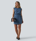 Robe mini casual en denim Halara Flex™ col rond sans manches ourlet arrondi avec poches