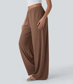 Pantalon fluide ample à taille basse avec cordon de serrage, côtes extensibles, doux pour la peau et poches latérales