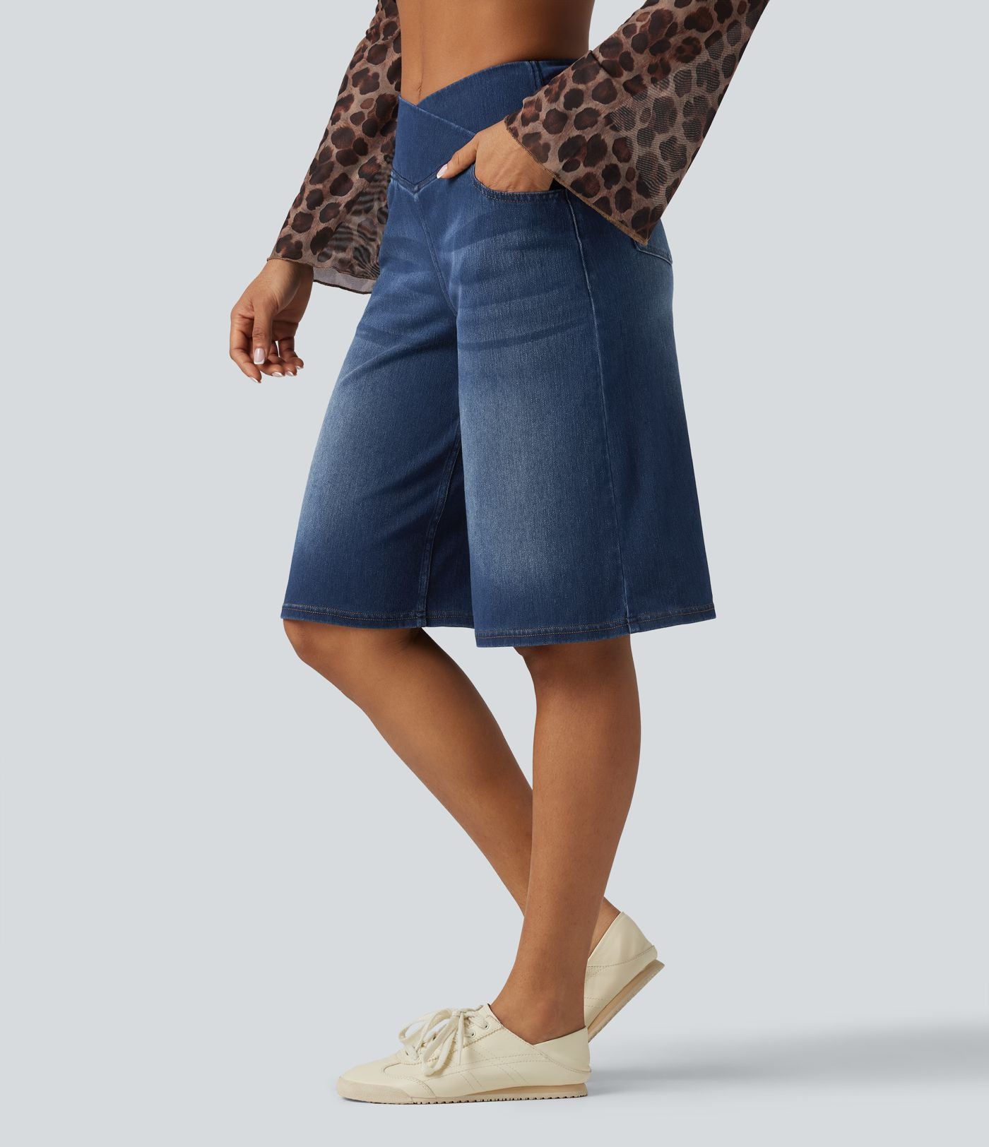 Short en jean ample Halara Flex™ taille haute croisé gainant décontracté avec poches
