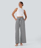 Pantalon de vacances jambes larges taille haute en tissu gaufré à rayures avec cordon de serrage et poches