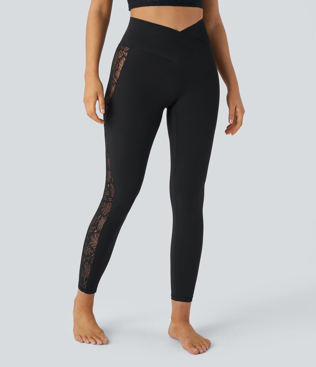 Legging de yoga Softlyzero™ taille haute avec design croisé, dentelle contrastée, sous-vêtement intégré, poche et protection UPF50+