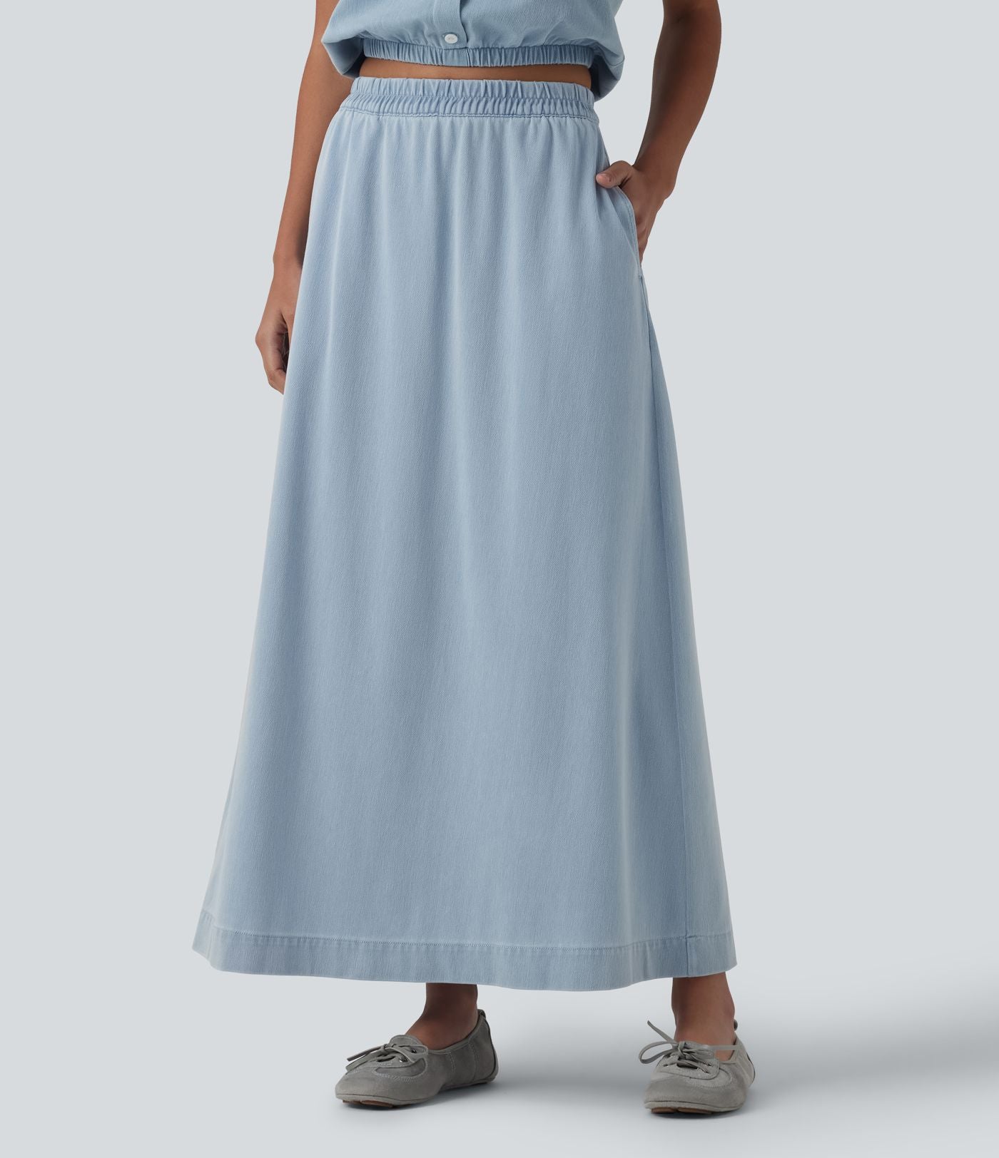 Jupe longue décontractée évasée Halara Flex™ en denim taille haute avec poches