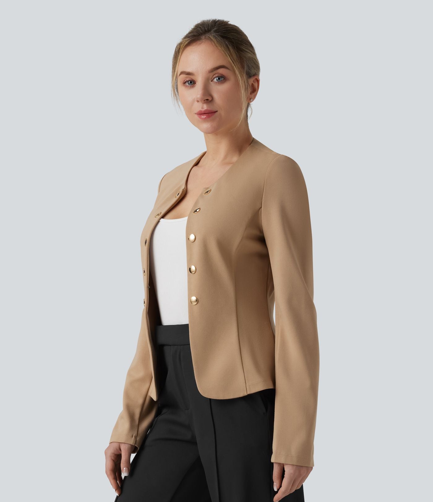 Blazer de travail col rond boutons décoratifs ourlet plissé
