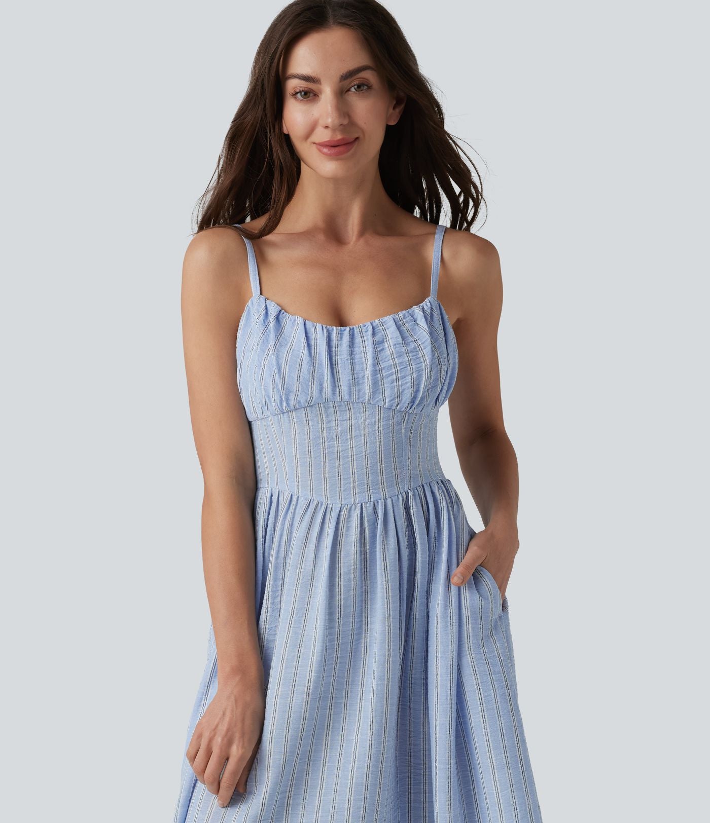 Robe nuisette midi fluide décontractée à rayures style corset lacé avec poches