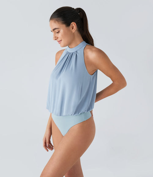 Body Travail sans Manches à Encolure Halter Dos avec Trou de Serrure et Plissé