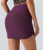 Jupe mini moulante 2-en-1 taille haute superposition en mesh froncée ourlet arrondi pour soirée