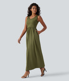 Robe longue fluide casual col U sans manches avec poches