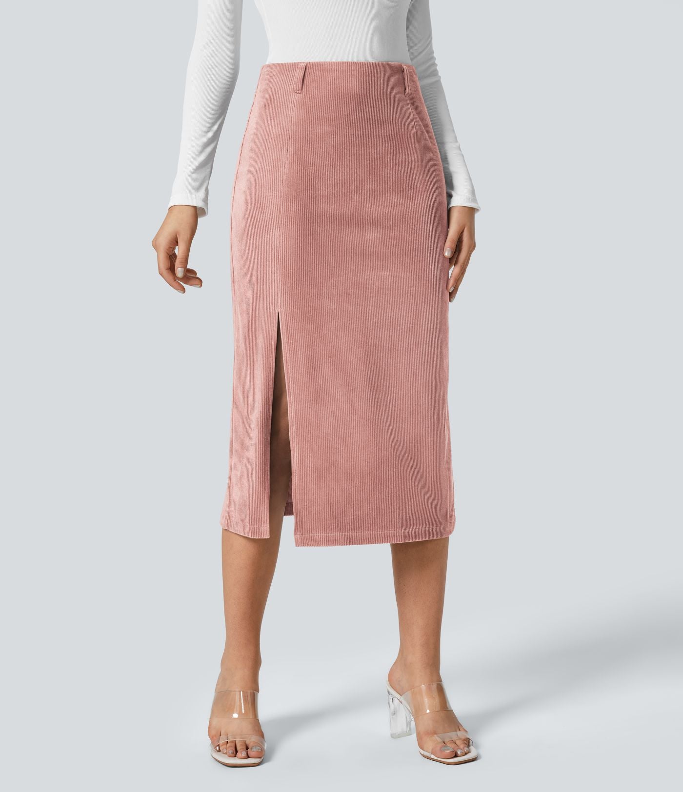 Jupe Casual en Velours Côtelé Mi-longue Taille Haute Fermeture Éclair Invisible et Fente fendue