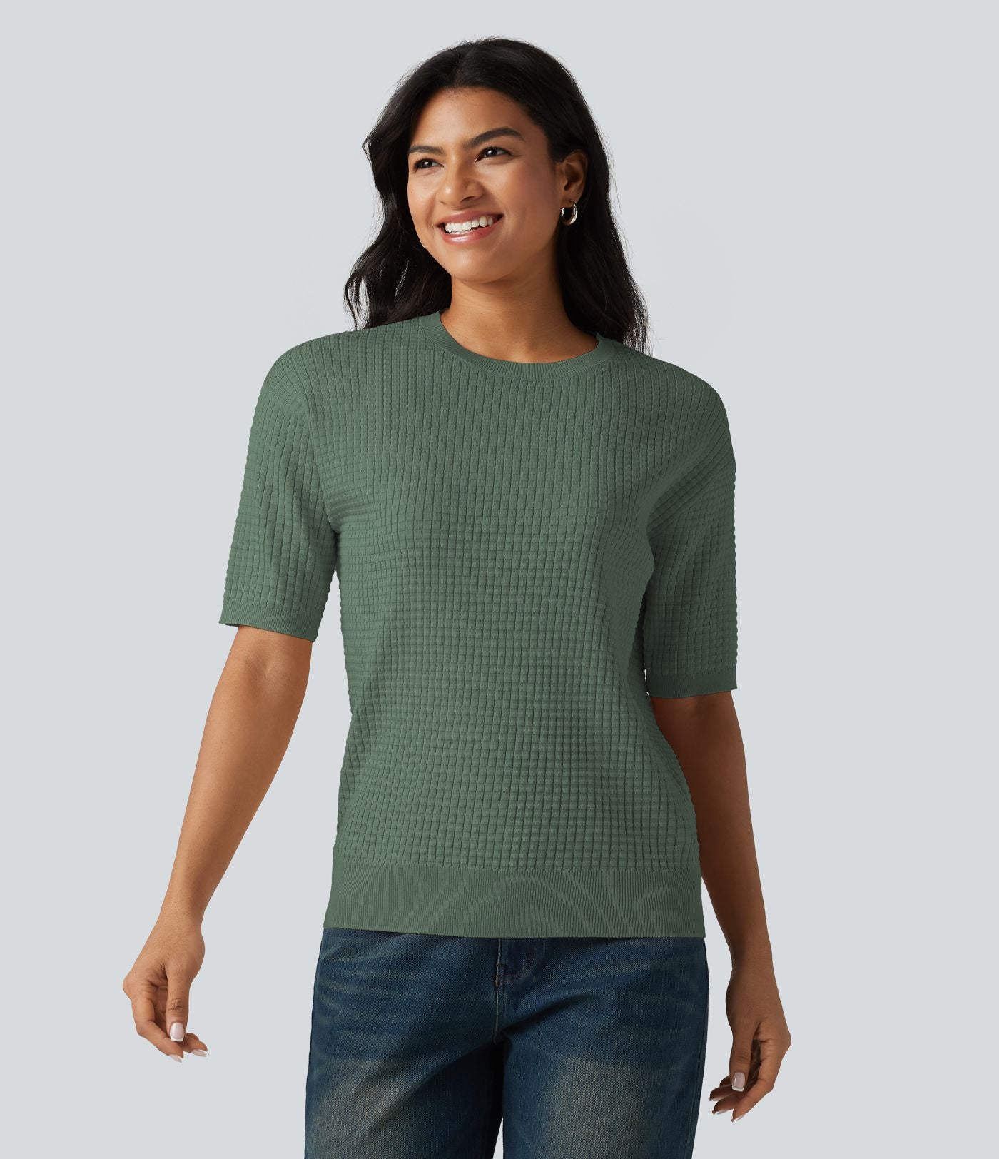 Pull col rond manches courtes en tissu gaufré