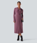Robe de travail midi col V à manches longues avec poches