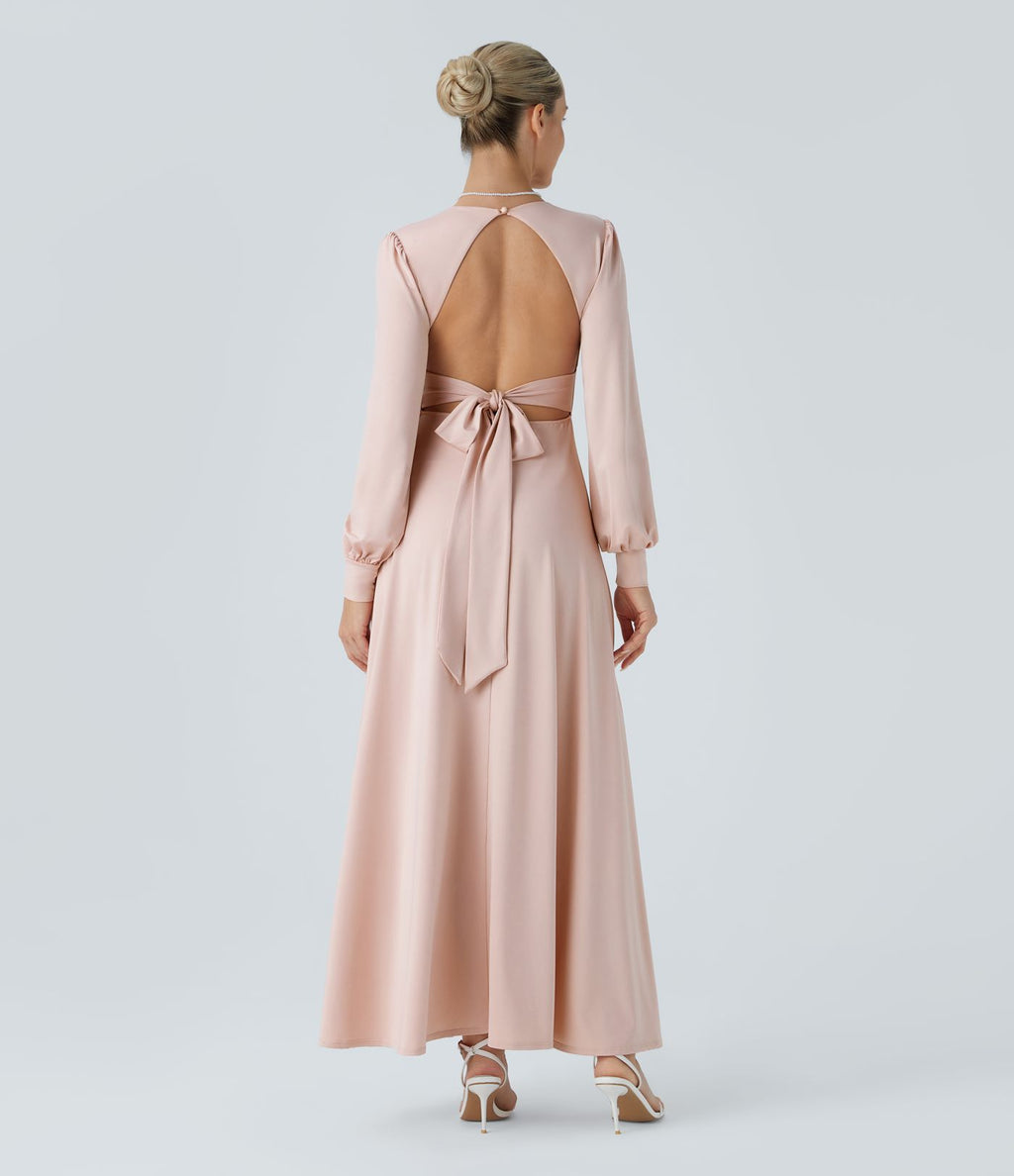 Robe longue de demoiselle d'honneur et invitée de mariage, col V, dos nu, liens à nouer, boutons et manches évasées