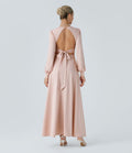 Robe longue de demoiselle d'honneur et invitée de mariage, col V, dos nu, liens à nouer, boutons et manches évasées