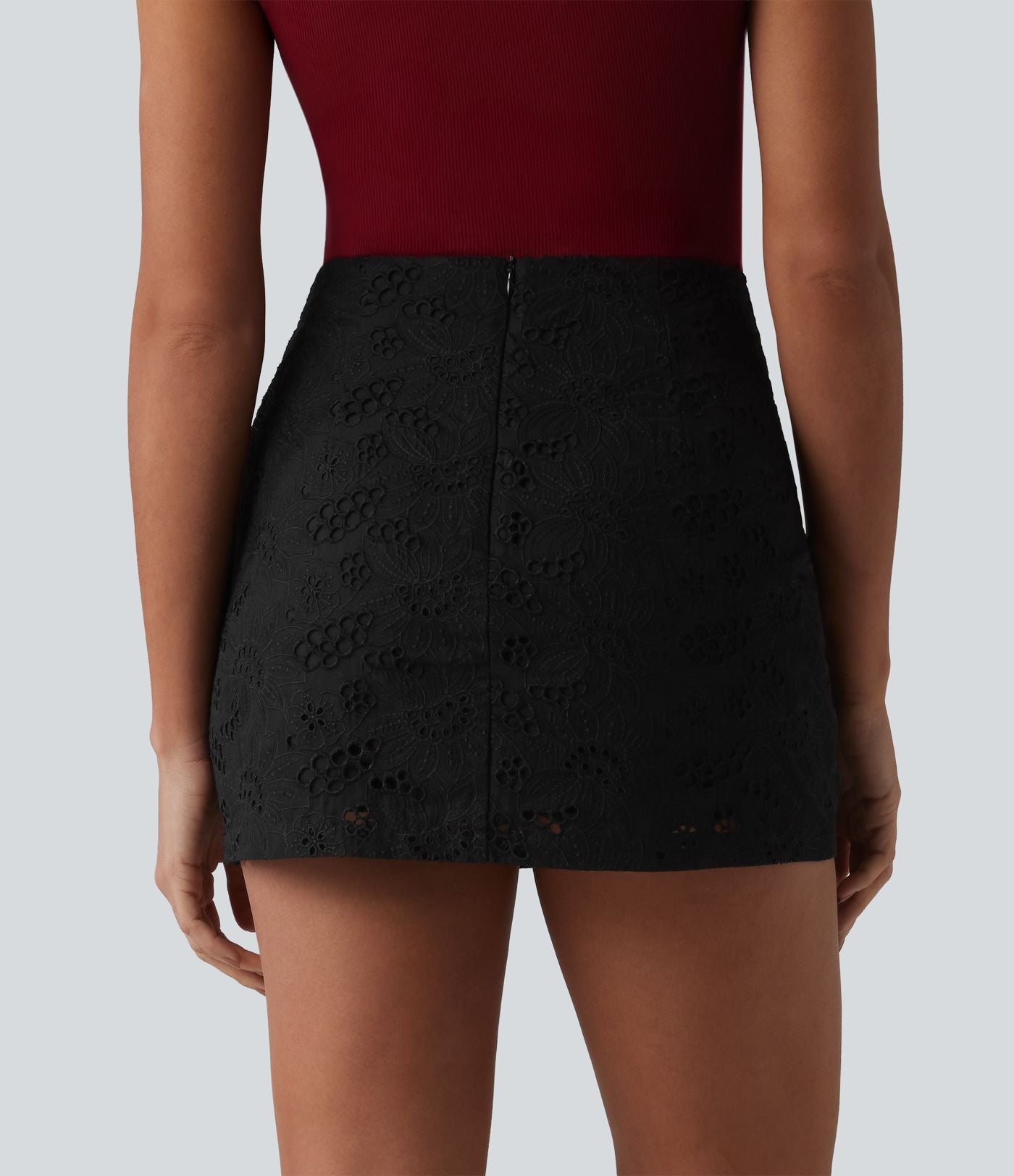 Jupe mini trapèze 2-en-1 taille haute avec fermeture éclair invisible et broderie anglaise